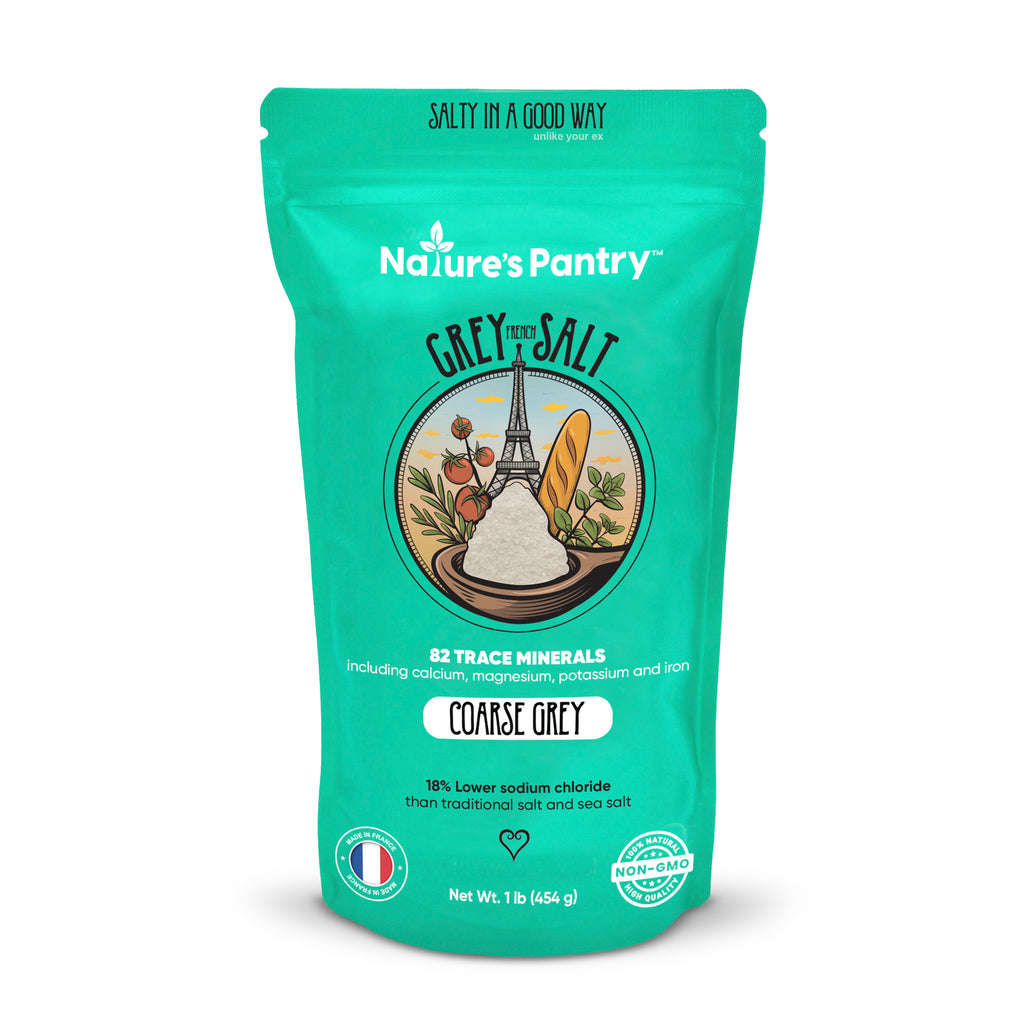 Green package of Nature's Pantry Grey Salt on a white background
