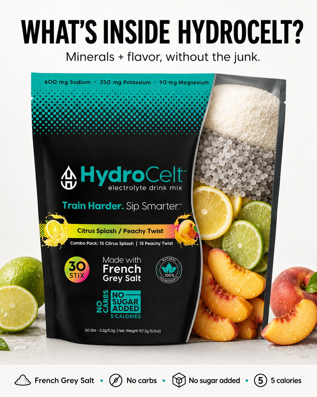 HydroCelt electrolyte drink mix package with lemon, lime, and peach slices on a white background.
