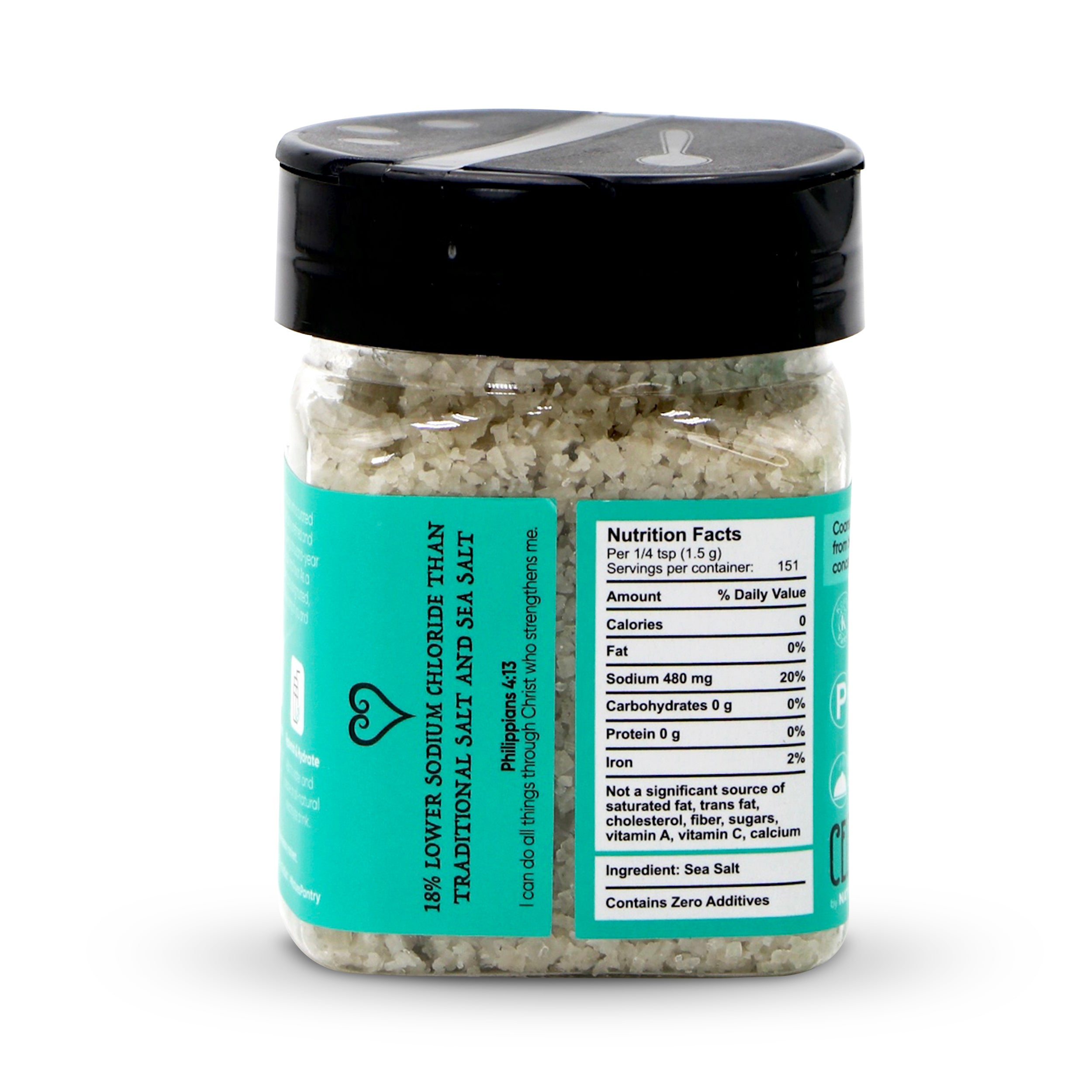 Jar of sea salt with a black lid on a white background