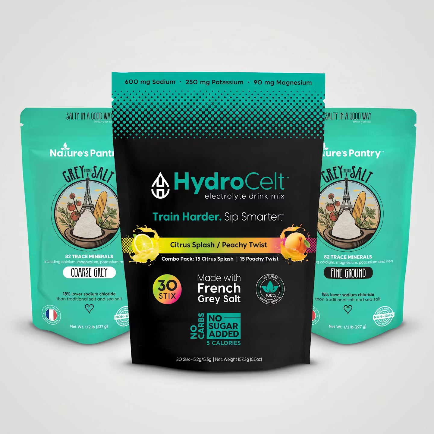 HydroCelt electrolyte drink mix package with two Nétres Pantry salt packages on a white background
