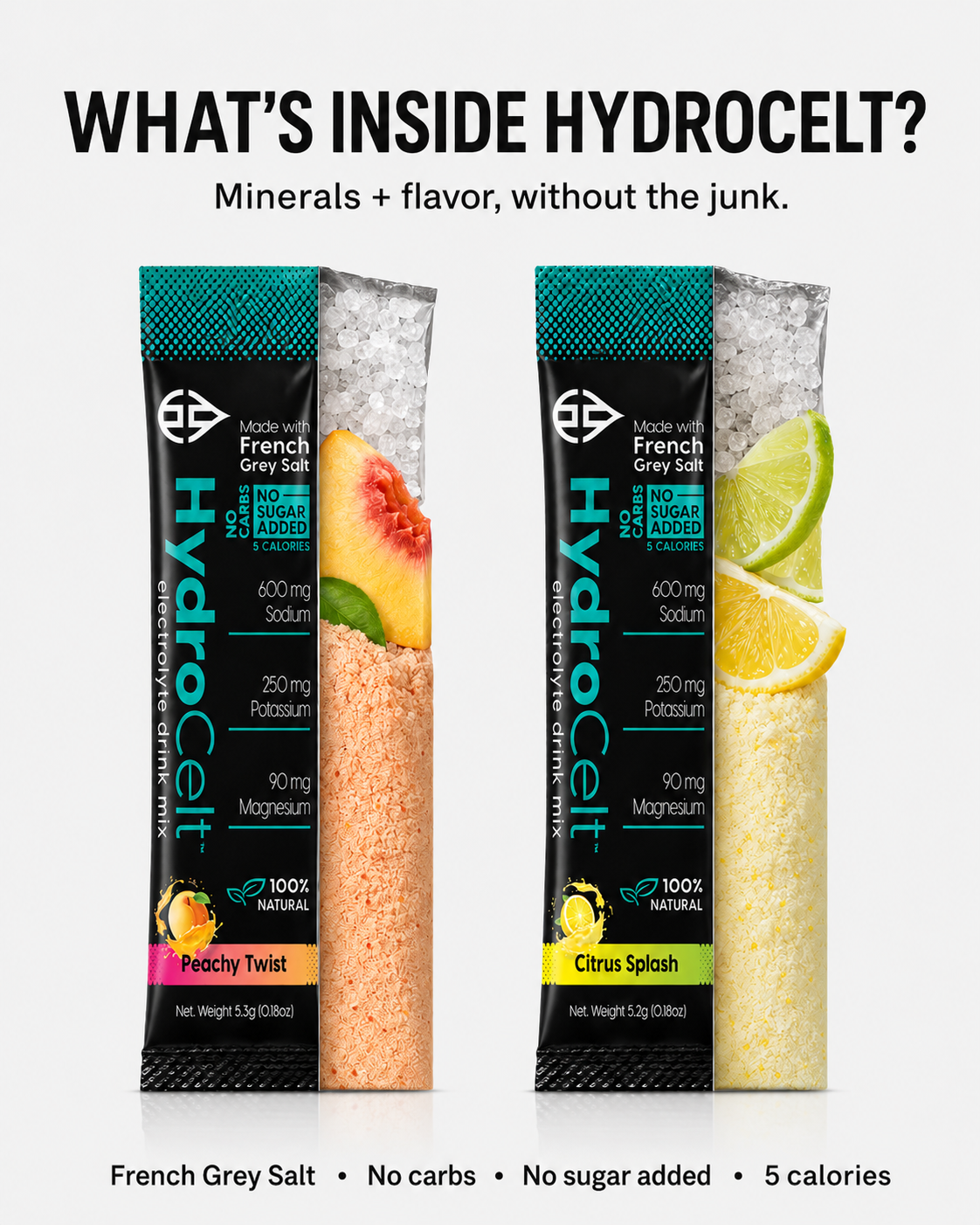 Two HydroCelt energy bars, one peachy twist and one citrus splash, on a white background with text about ingredients and benefits.