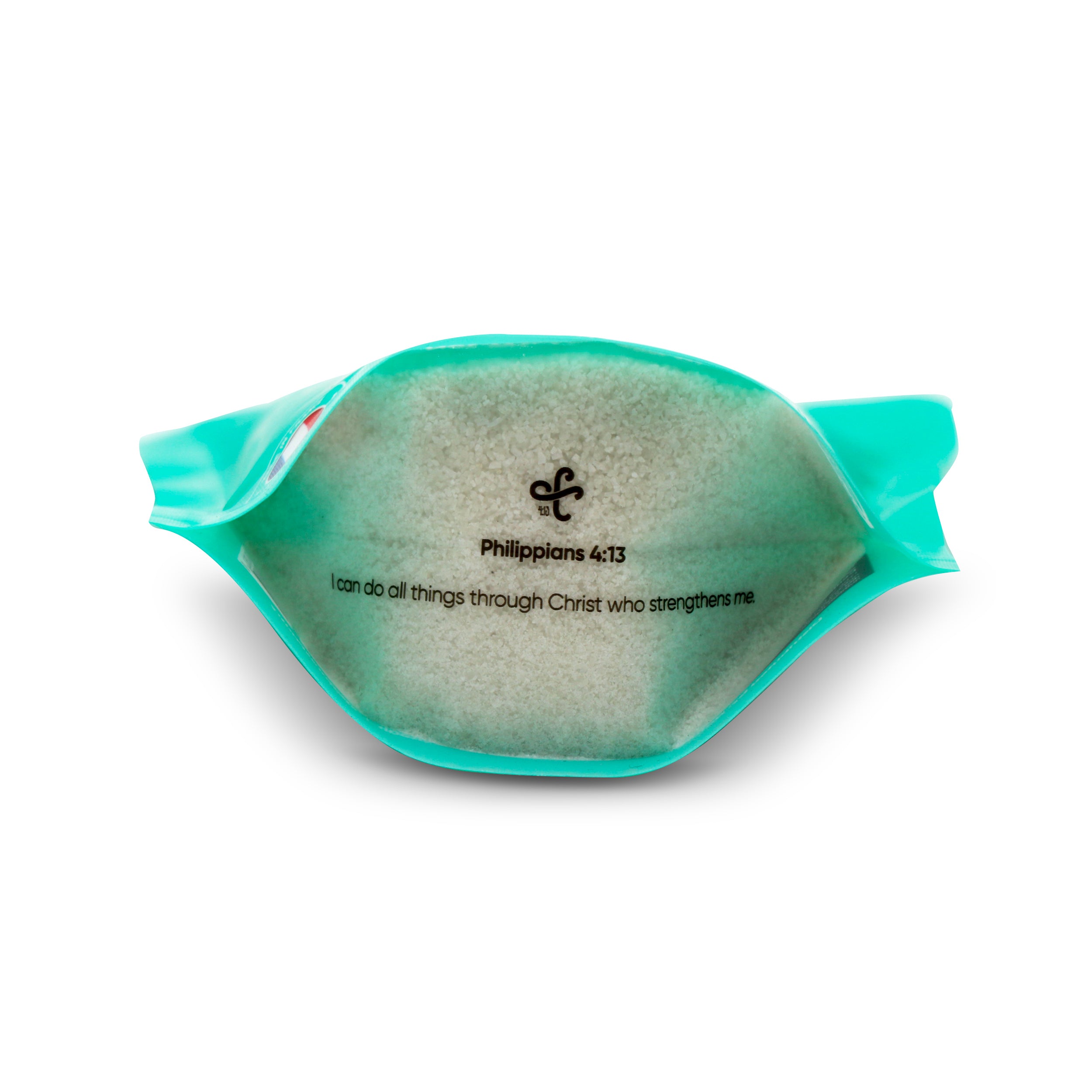 Turquoise eye pillow with text on a white background
