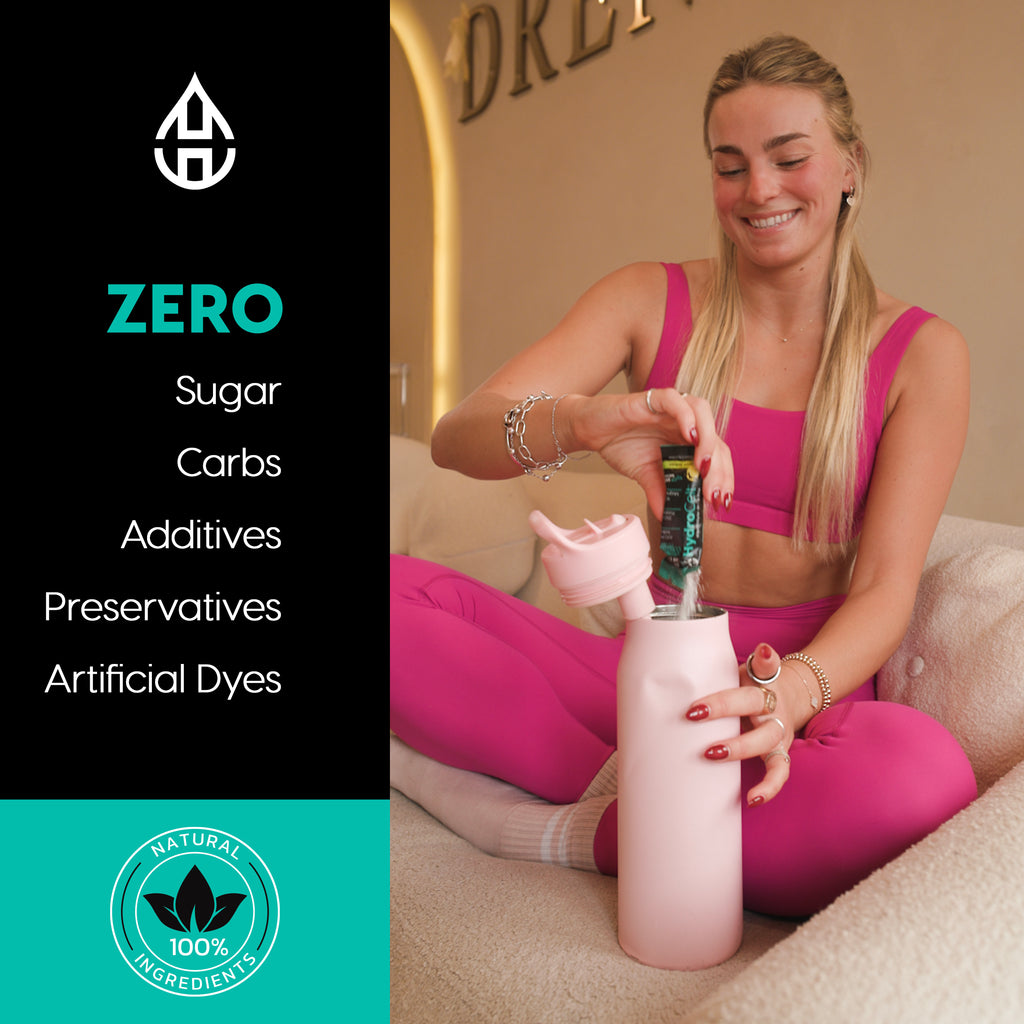 Woman in pink outfit holding a pink bottle with 'ZERO' branding and health benefits listed.