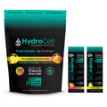 HydroCelt electrolyte drink mix packaging with citrus splash and peachy twist flavors on a white background.