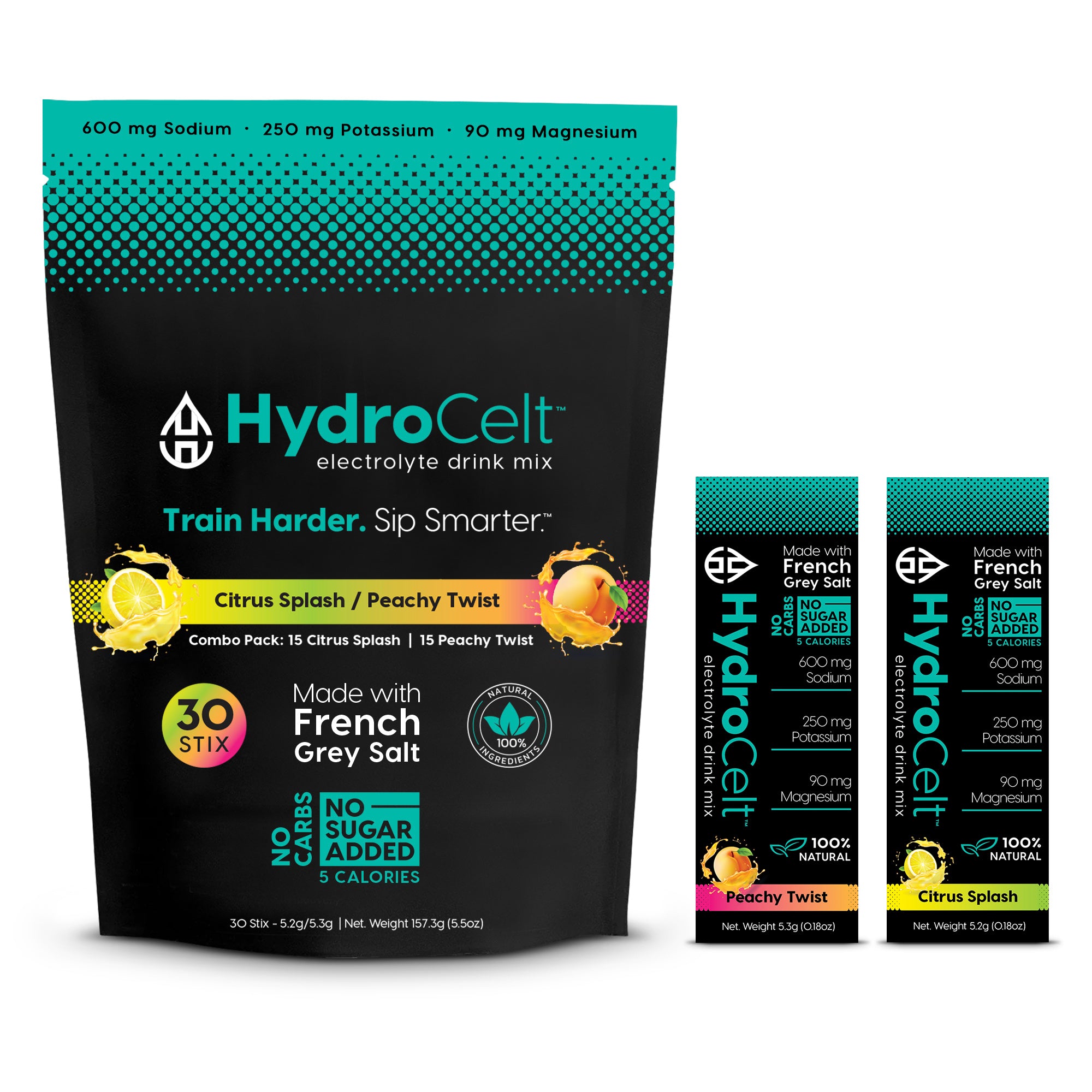 HydroCelt electrolyte drink mix packaging with citrus splash and peachy twist flavors on a white background.