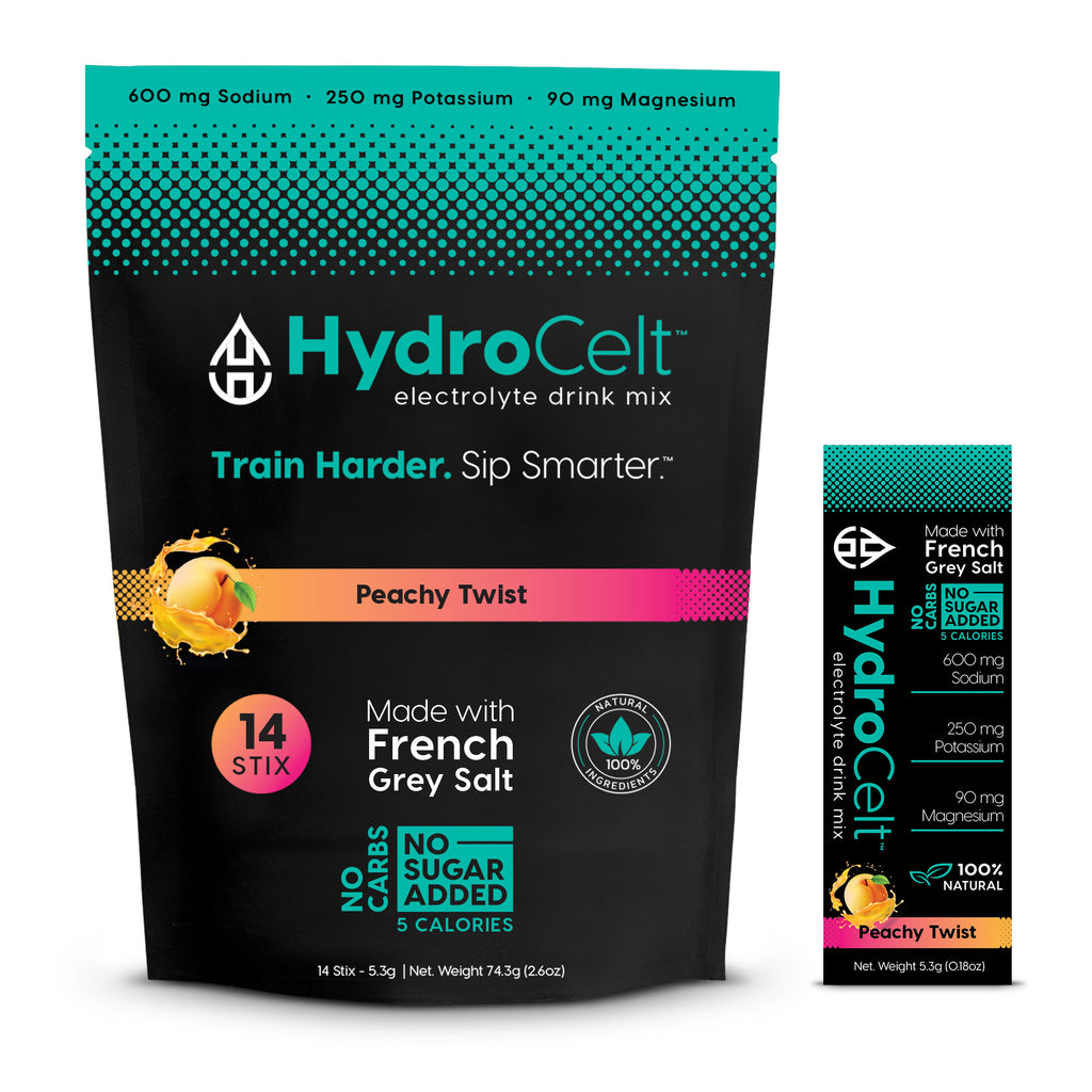 HydroCelt electrolyte drink mix package with peachy twist flavor on a white background