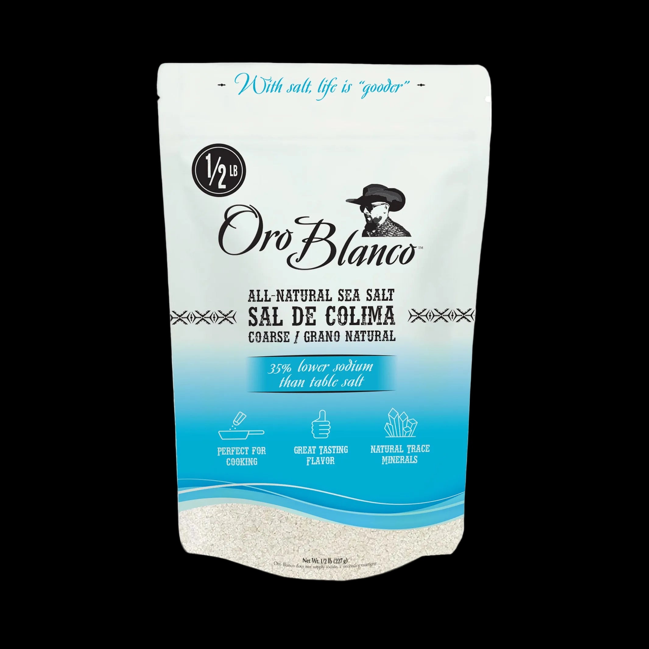 Oro Blanco all-natural sea salt packaging on a white background